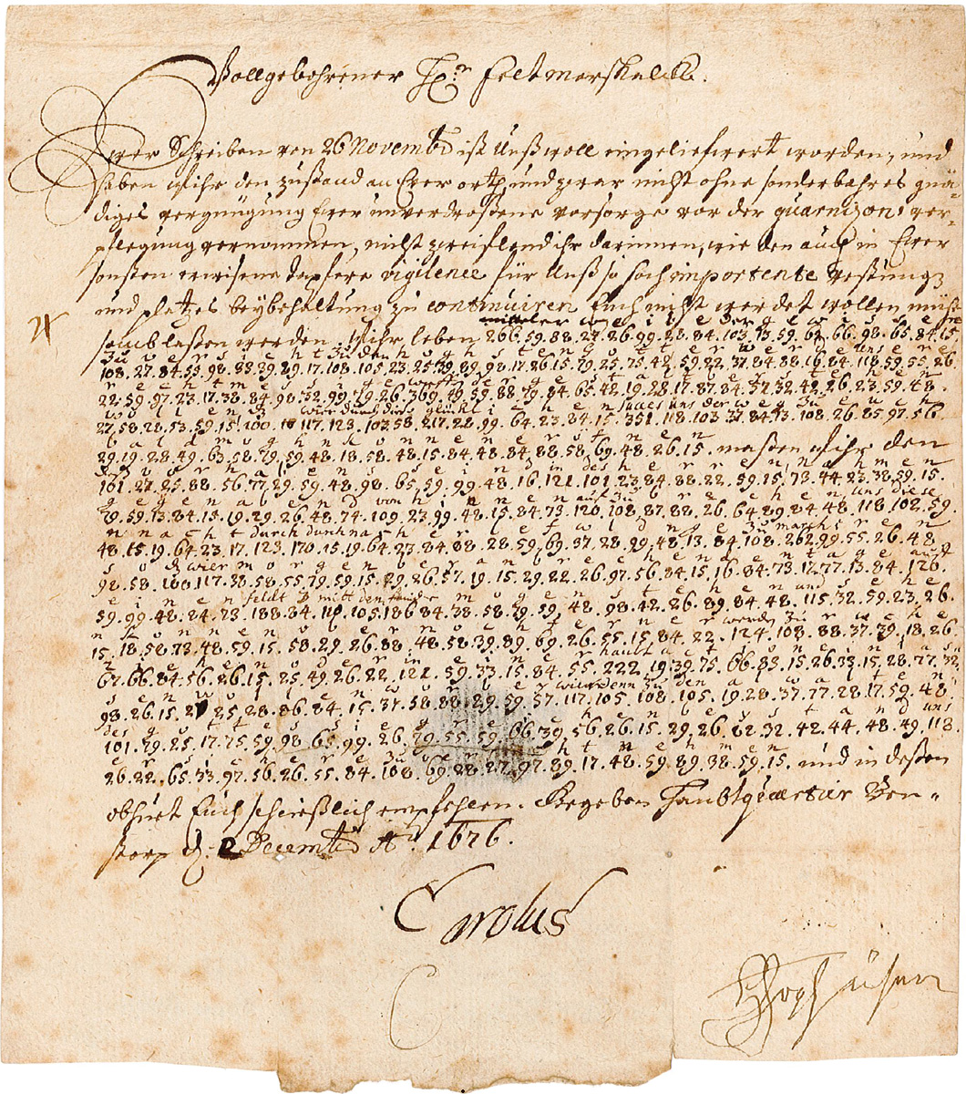 The Swedish king Karl XI's ciphered letter to the Swedish Commandant at Malmöhus Castle