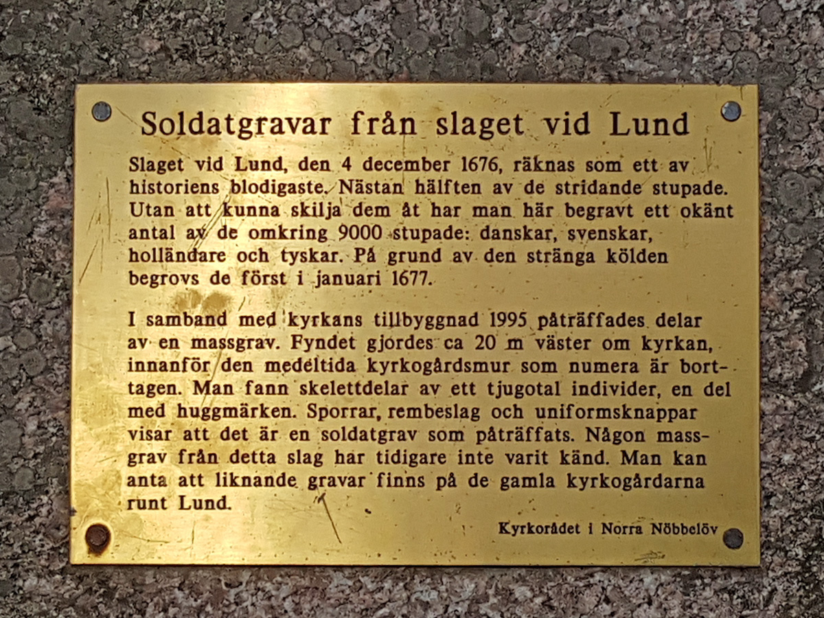 The plaque on the memorial stone about the Battle of Lund outside Norra Nöbbelöv church in Lund