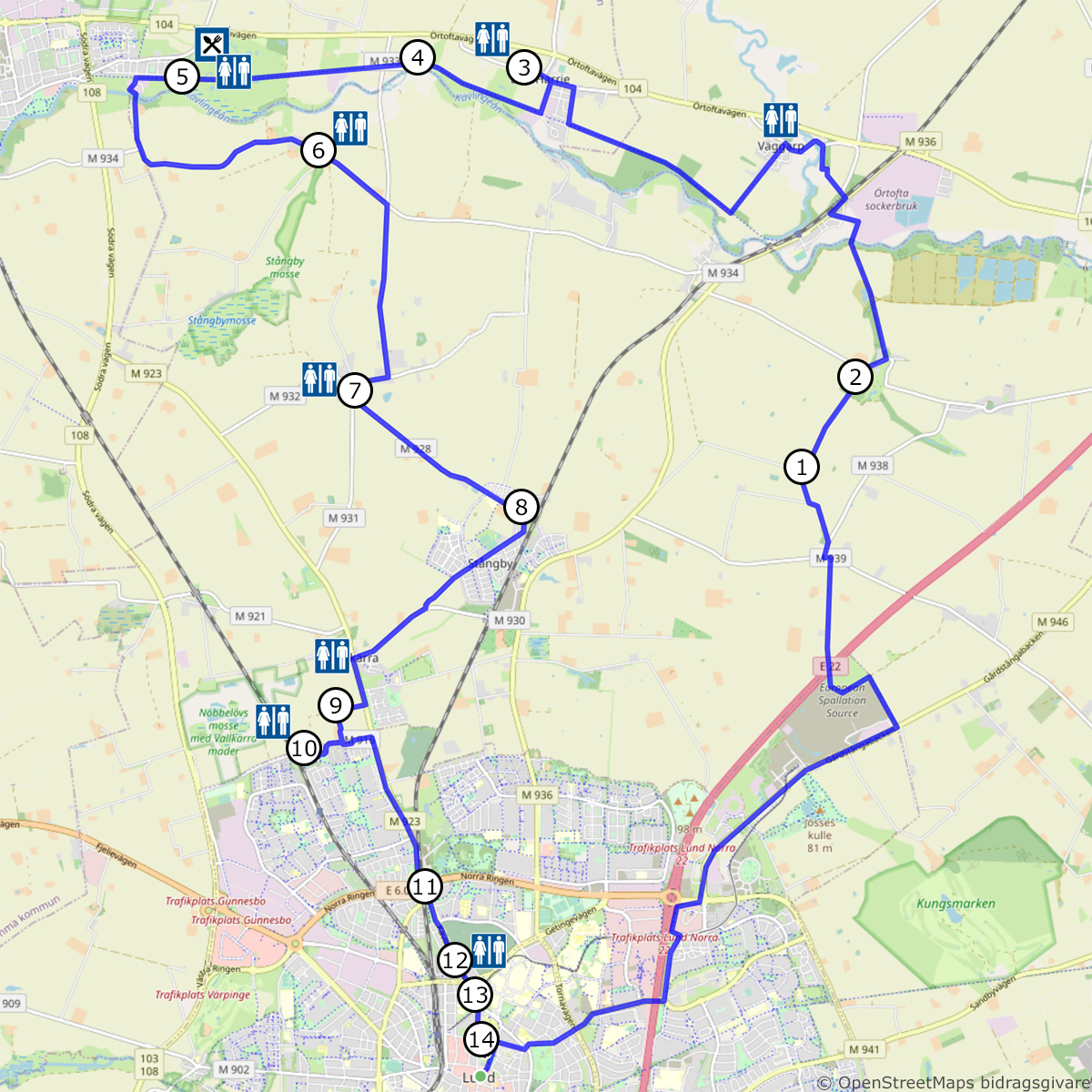 Map of the bike excursion around the Battle of Lund