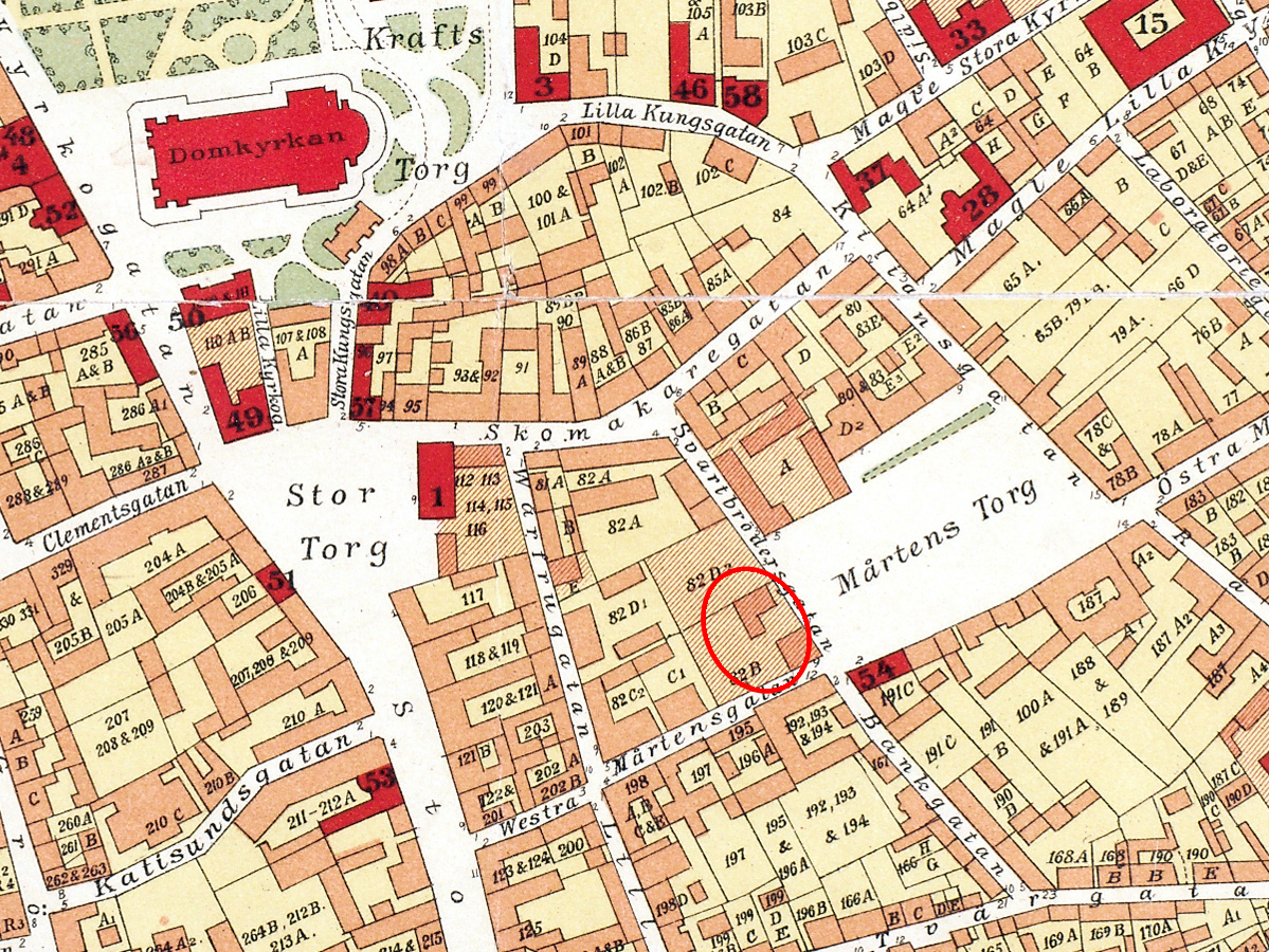 Map from 1907 marked with a red circle where the Market Hall was built.