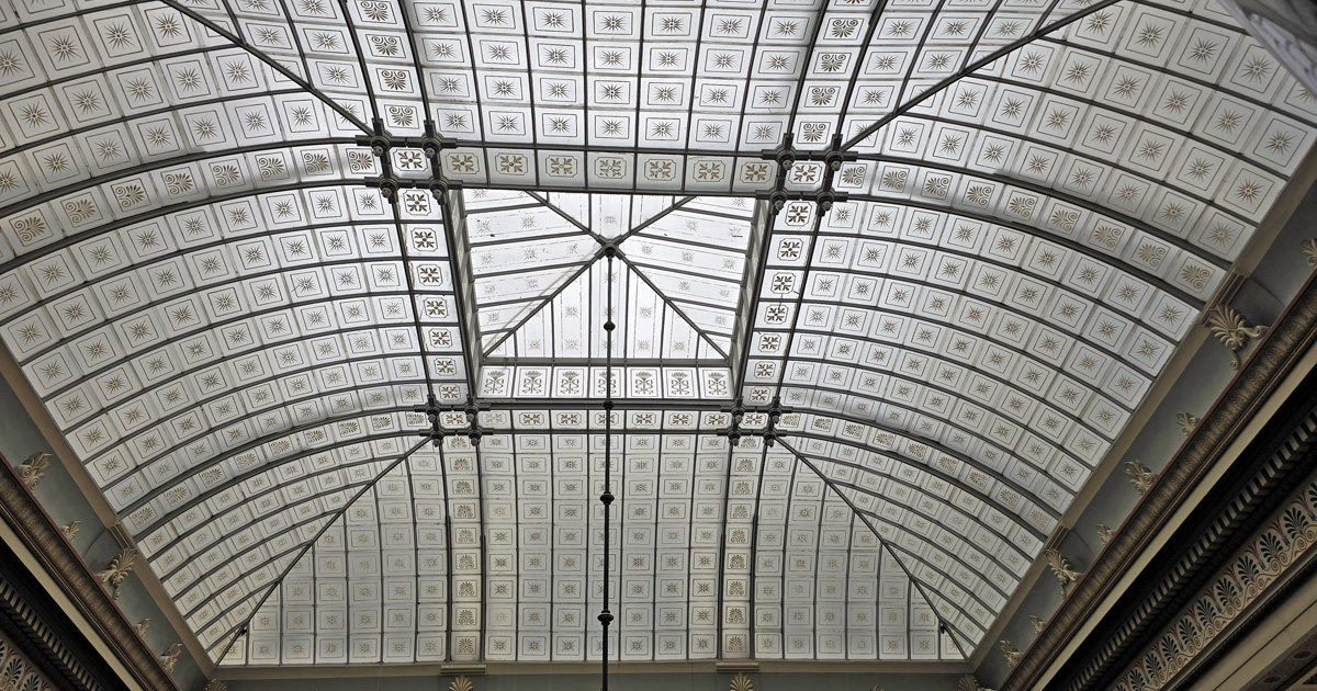 The atrium ceiling with 700 hand-painted glass panels in the Lund University Main Building