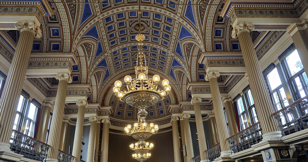 The decoratively painted ceiling in the Lund University Main Building auditorium