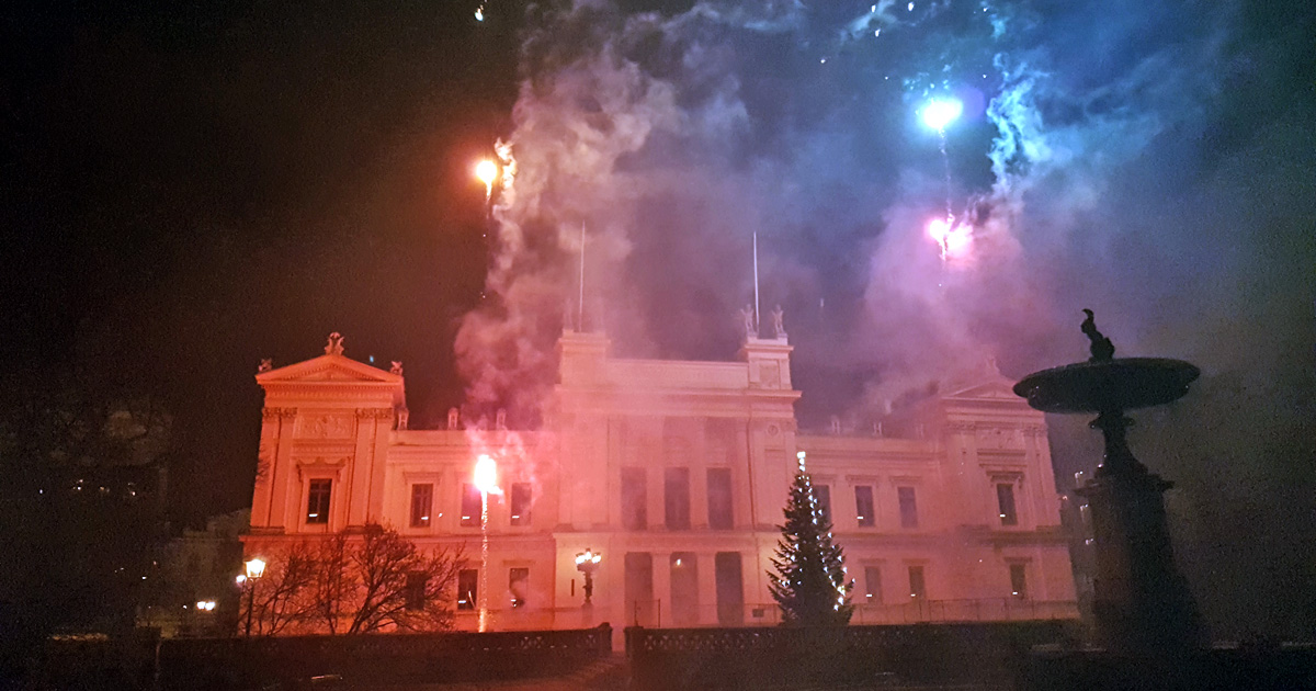 New Year's fireworks at the University Plaza in Lund