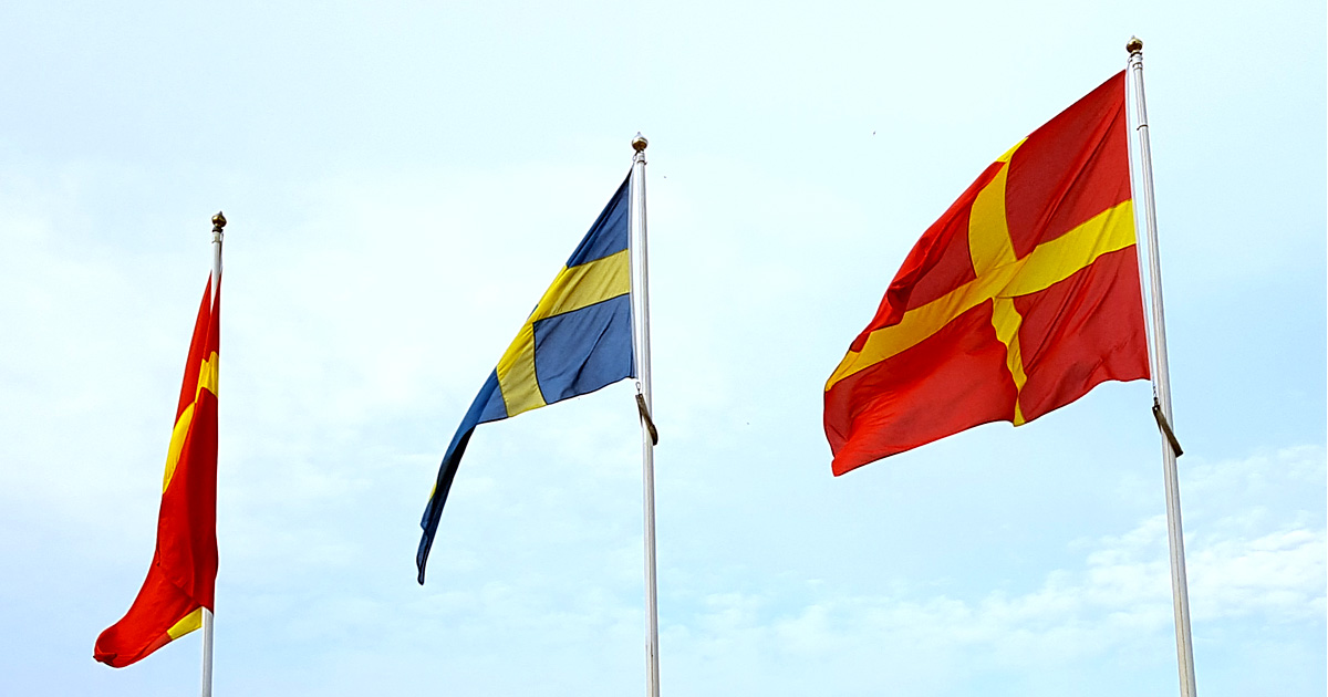 The Scanian flag at the Main Square in Lund at the day of the Scanian flag