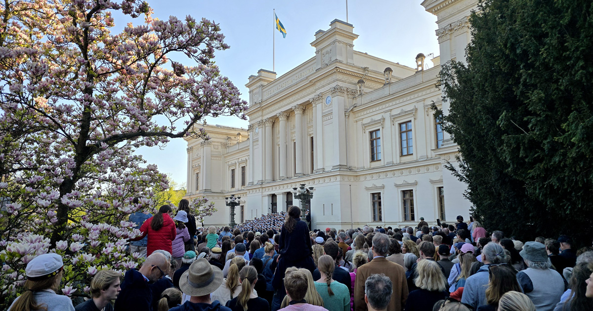 Lund's student singers perform at the steps of the University Main Building, singing traditionally Swedish spring songs at 1 May