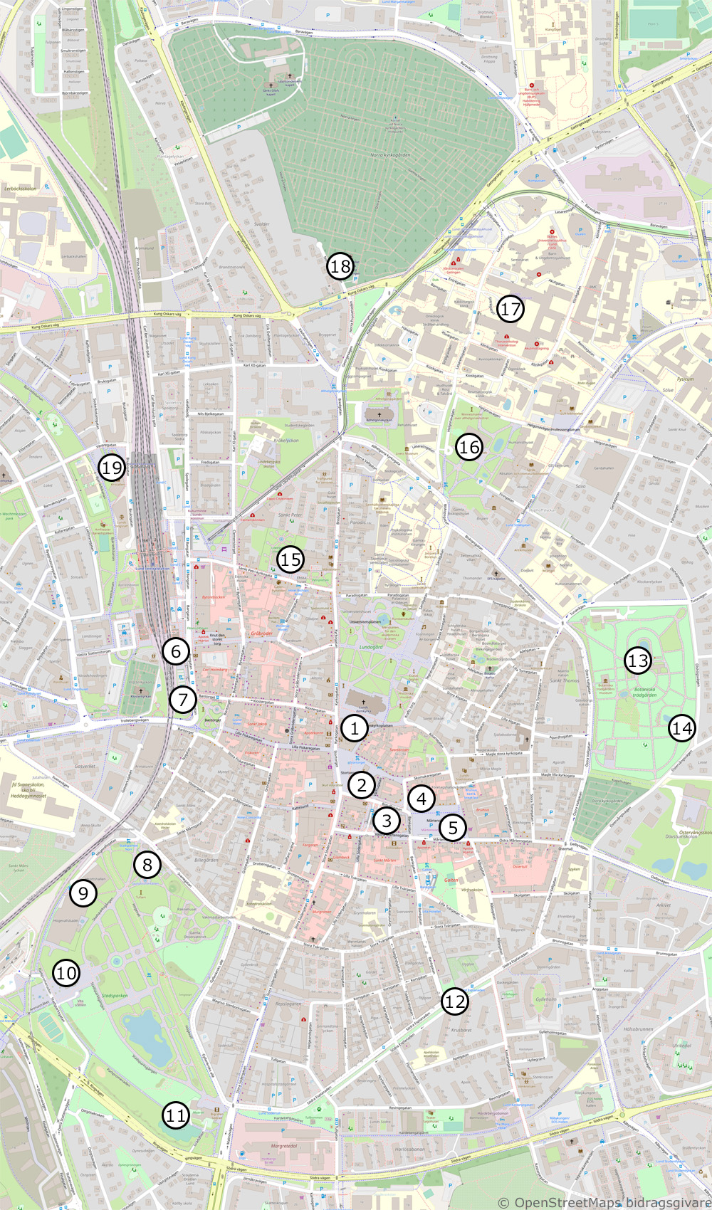 Map of public toilets in the center of Lund