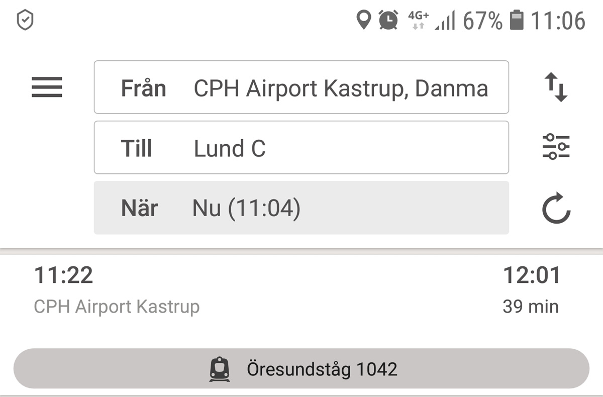 A search for travel from Copenhagen airport Kastrup to Lund railway station
